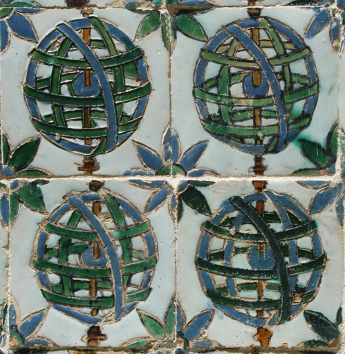 Corda-seca tiles with an armillary sphere - Workshop of Pedro de Herrera or Fernán Martínez Guijarro