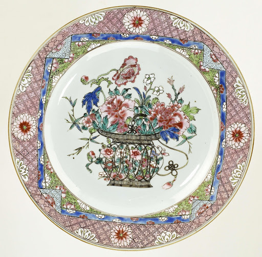 Dish with a flower basket in a square frame with folded corners - Anonymous
