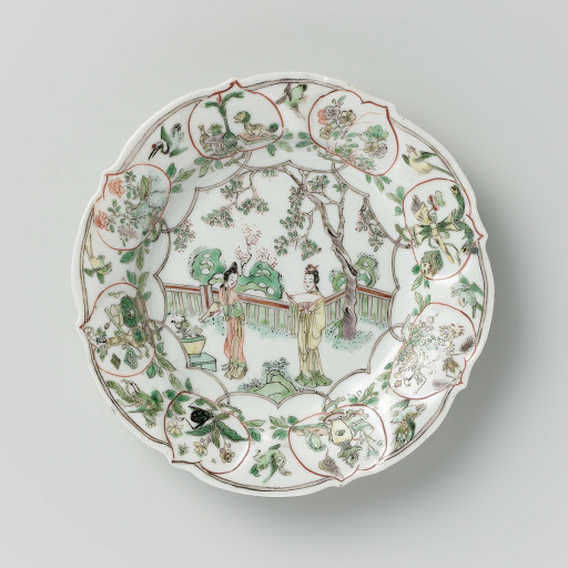 Plate with two ladies in a fenced garden, antiquities and flower sprays - Anonymous