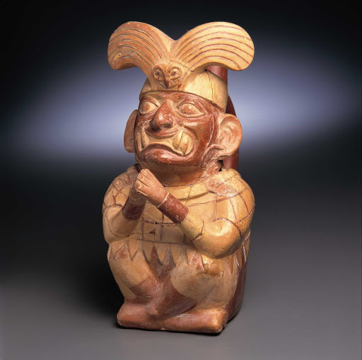 Sculptural ceramic ceremonial vessel that represents Ai Apaec, mythological hero of the Moche in a praying attitude ML003119 - Moche style