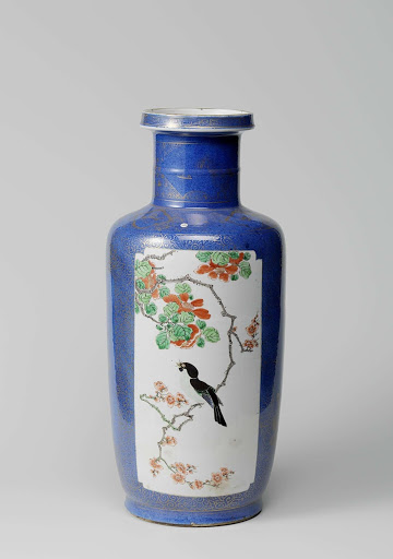 Cylindrical, shoulderd vase with powder bleu and reserves with flower sprays and birds - Anonymous