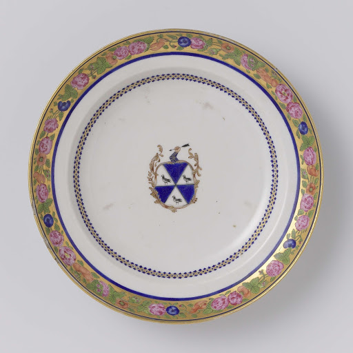 Plate with the arms of the Stocker or Tatham family and floral scrolls - Anonymous