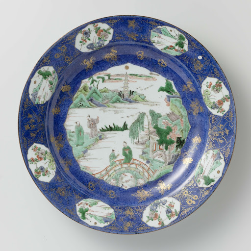 Dish with powder blue and reserves with river landscapes - Anonymous