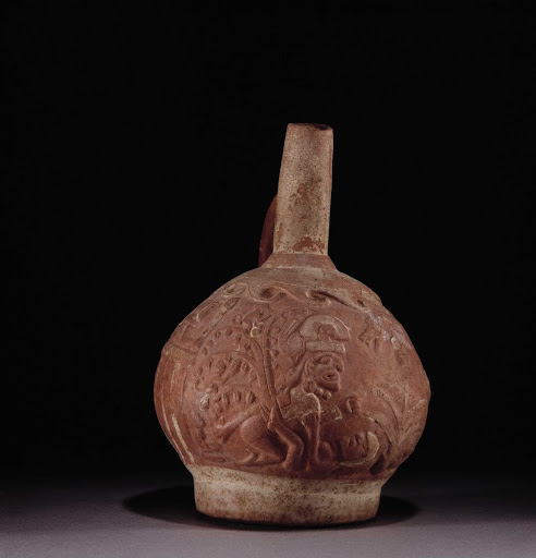 Ceramic ceremonial vessel that represents a scene of sexual union between Ai Apaec, mythological hero of the Moche, and a woman ML004359 - Moche style