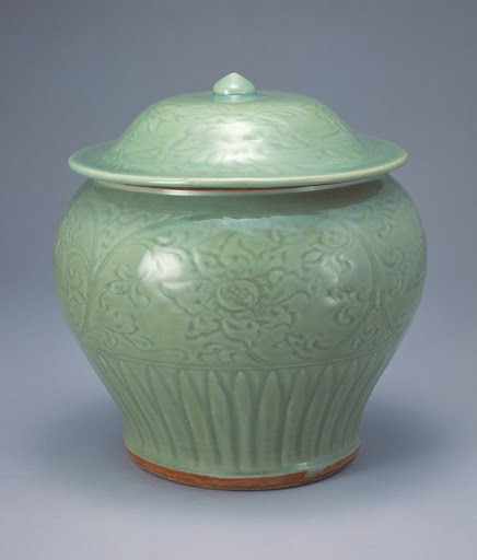Wine Jar with Carved Design of Peony Scrolls, Celadon - Long-quan Ware