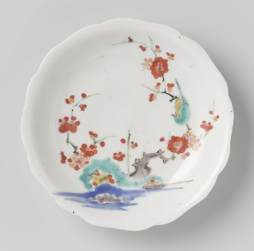 Scalloped saucer with rocks, prunus and bird - Anonymous,