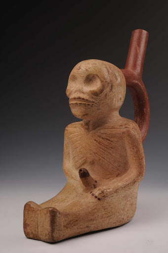 Sculptural ceramic ceremonial vessel that represents an inhabitant of the underworld masturbating himself ML004212 - Moche style