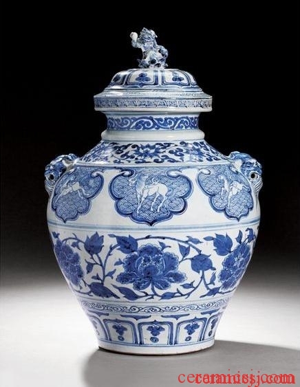 An extremely rare and important blue and white jar and cover, Yuan dynasty (1279-1366)