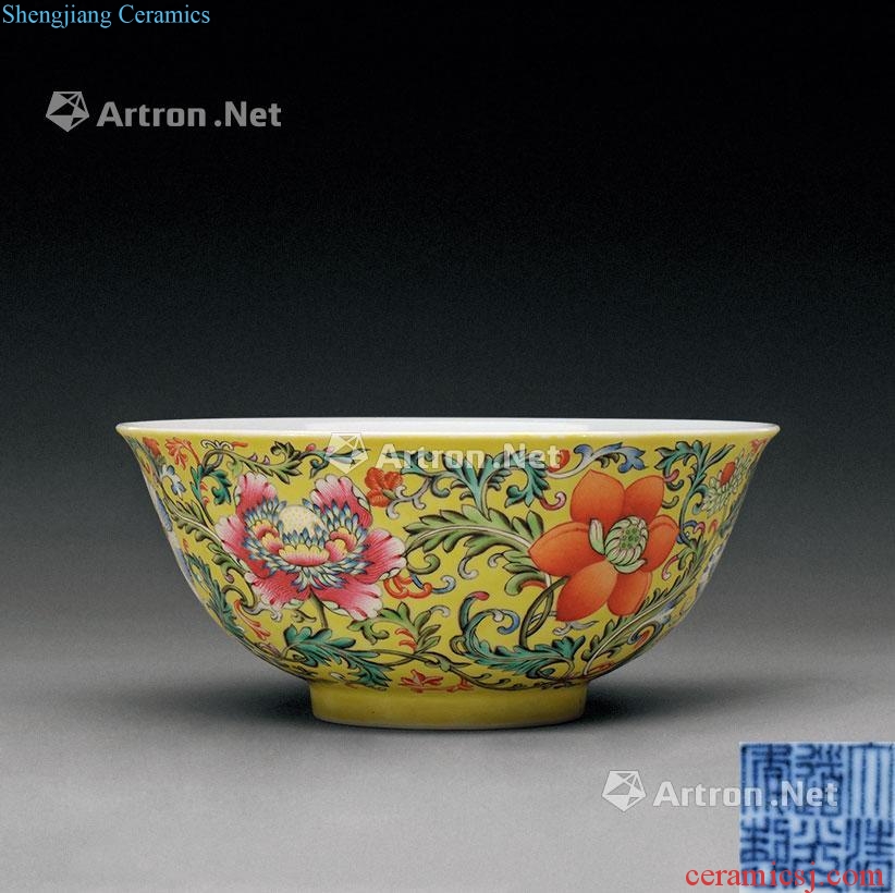 Qing daoguang Pastel flowers green-splashed bowls on yellow background