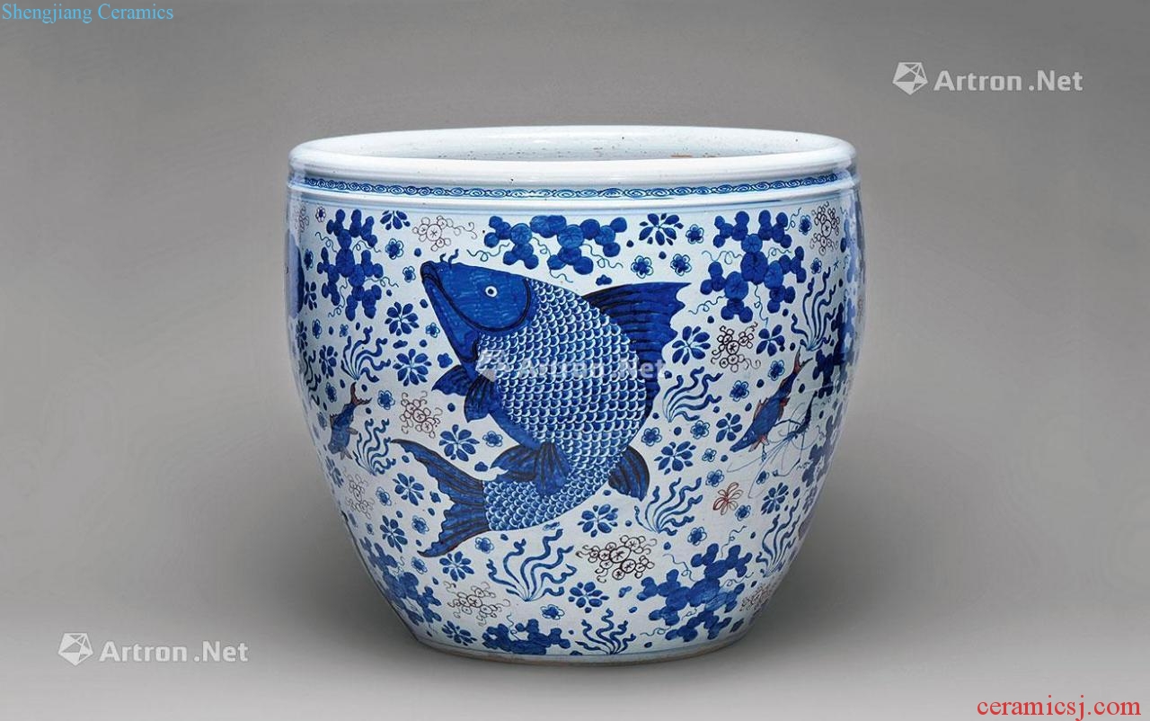 The qing emperor kangxi Blue and white youligong red fish grain big crock