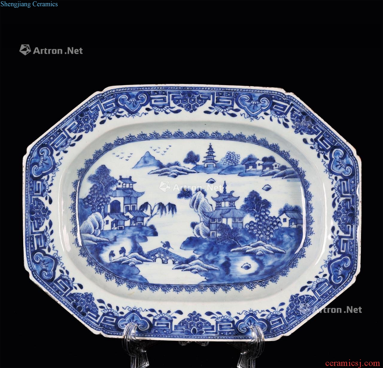 In the qing dynasty Eight square plate in the qing dynasty blue and white landscape pattern