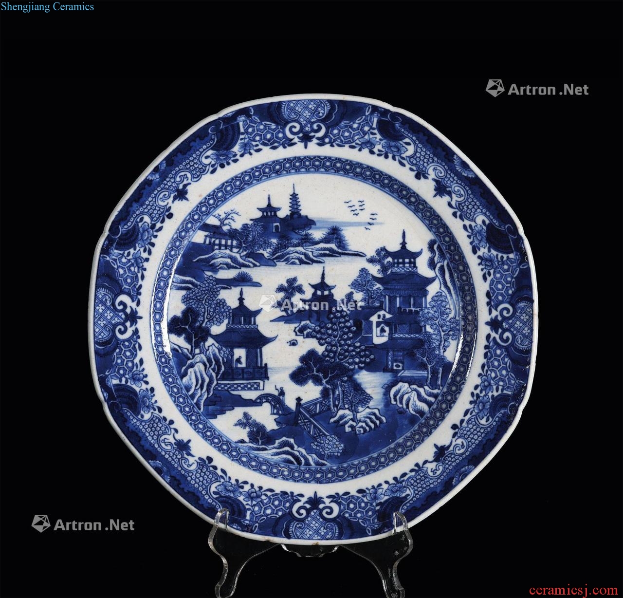 In the qing dynasty Blue and white landscape lines 8 square plate