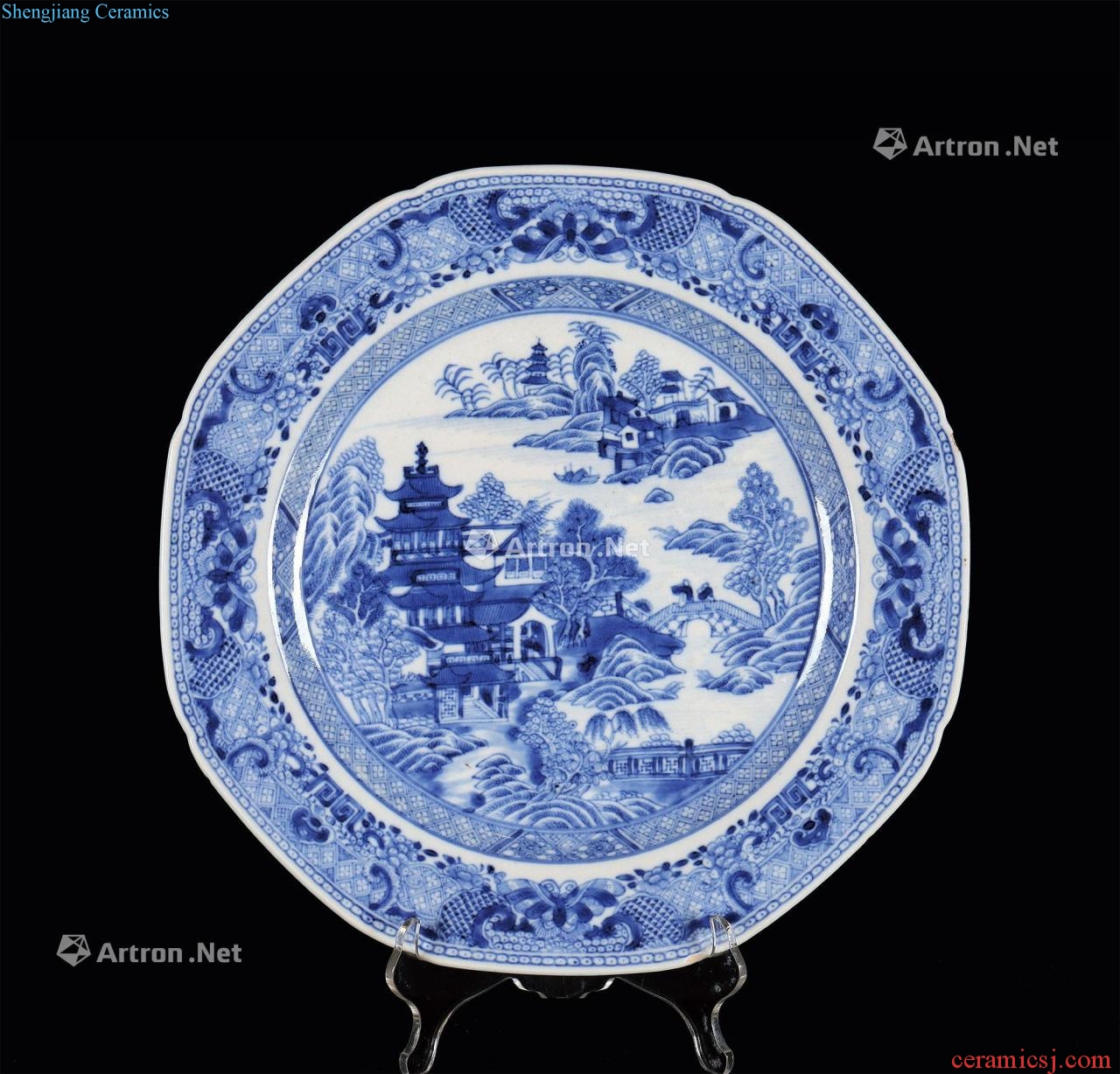 In the qing dynasty Blue and white landscape lines 8 square plate