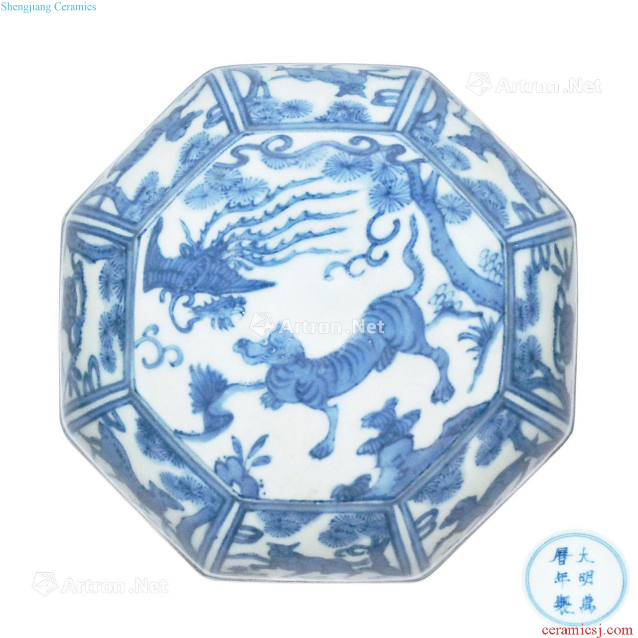 Ming wanli Blue and white tiger chicken eight arrises eight auspicious animal print cover box