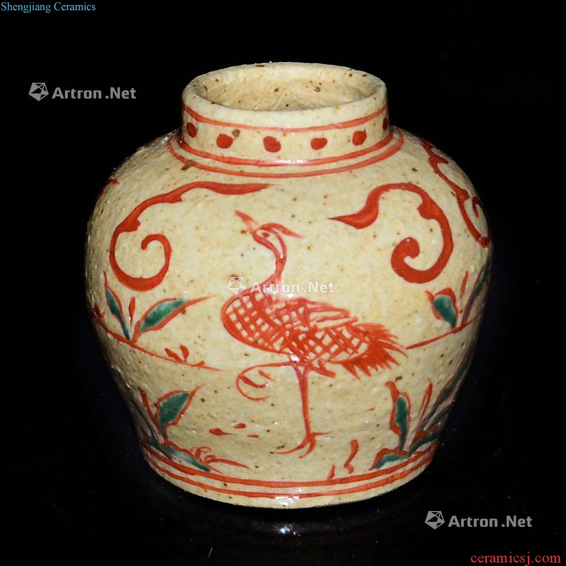 The song dynasty Red and green color cranes grain bottle