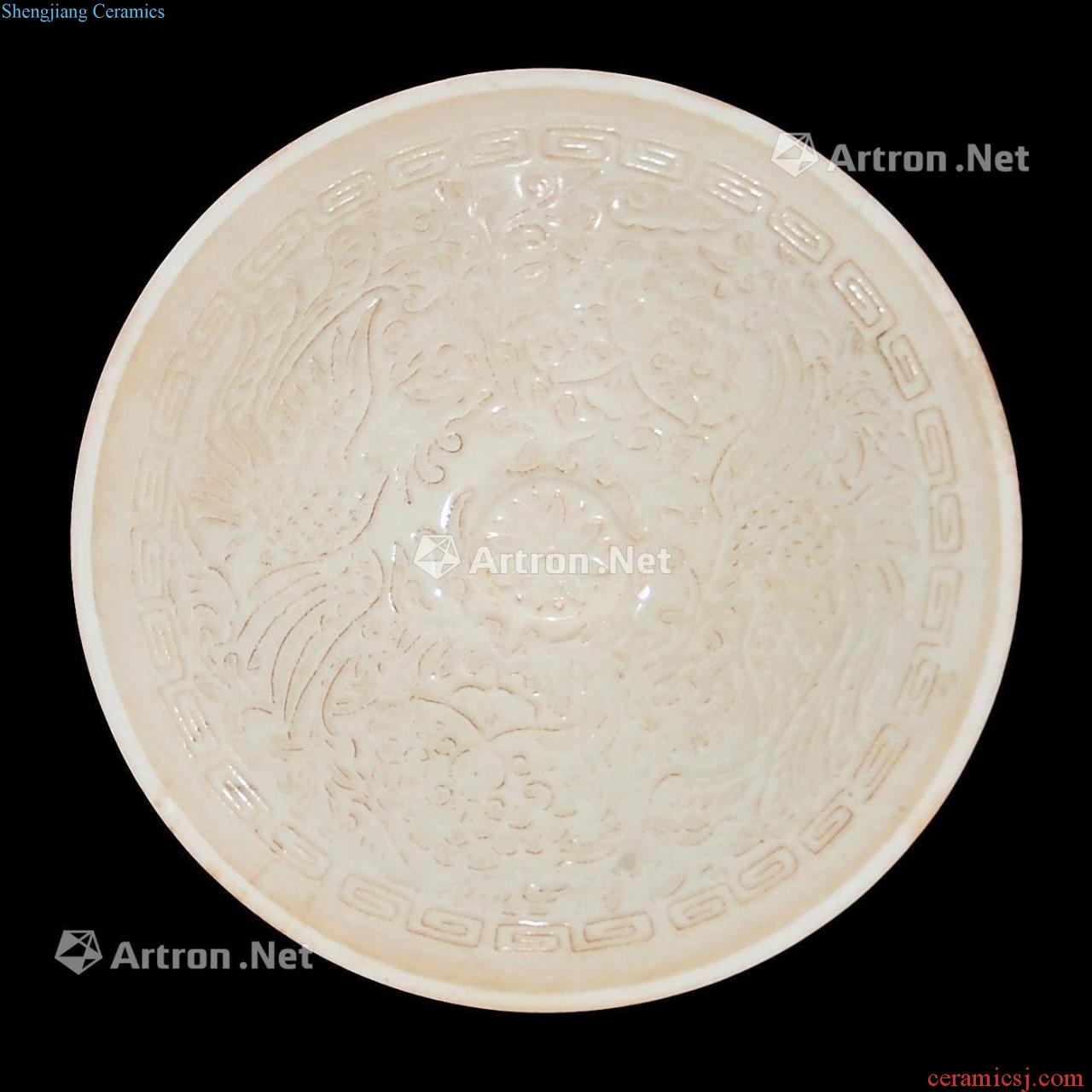 Five dynasties ding kiln phoenix peony plate printing craft