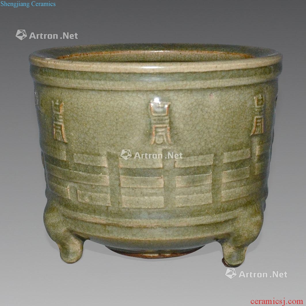 The song dynasty Yao state kiln green glaze eight life of gossip down bottom wide mouth furnace with three legs