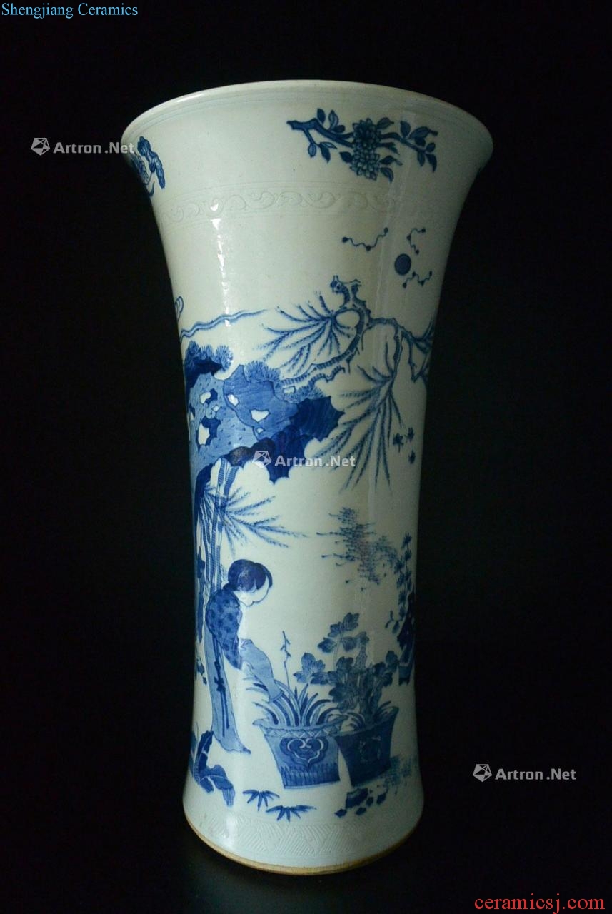 In the Ming dynasty last years - transition Blue and white lines flower vase with traditional Chinese characters