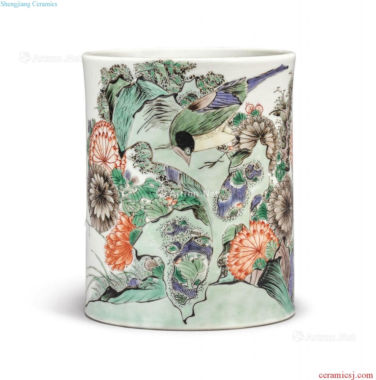 The qing emperor kangxi Colorful flowers and birds verse brush pot