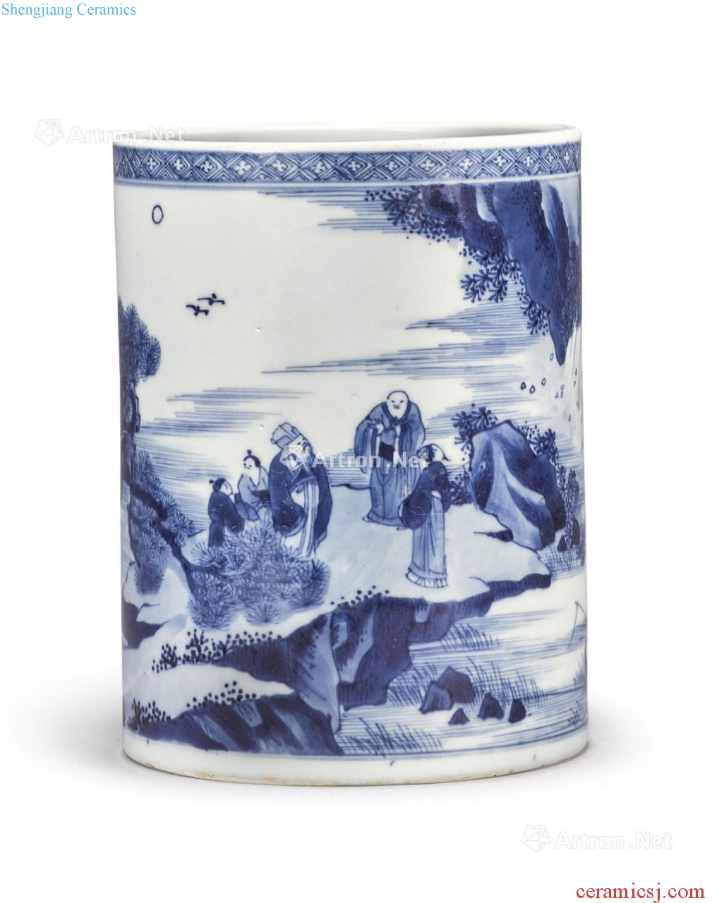 The qing emperor kangxi Blue and white landscape Gao Shitu brush pot