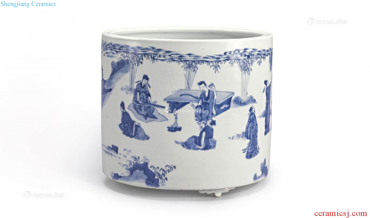 The qing emperor kangxi Blue and white bamboo seven sages figure 3 foot brush pot