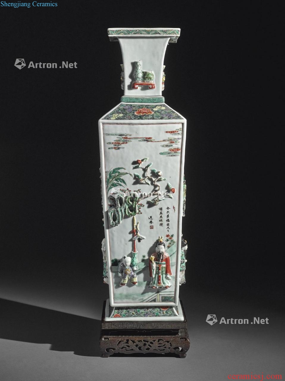 The qing emperor kangxi Colorful reliefs verse three map square bottles