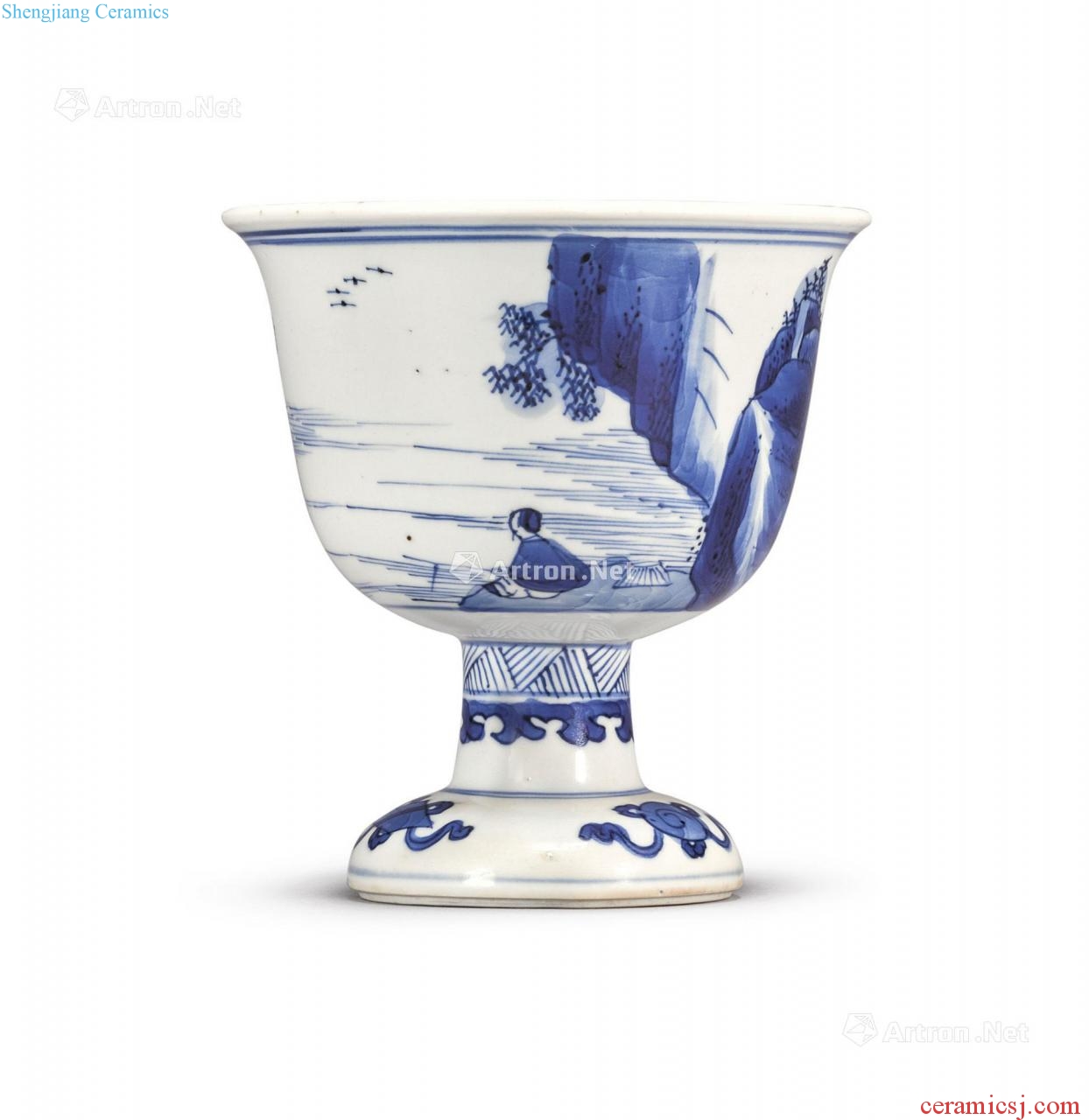 The qing emperor kangxi Blue mountain river fishing alone figure footed cup