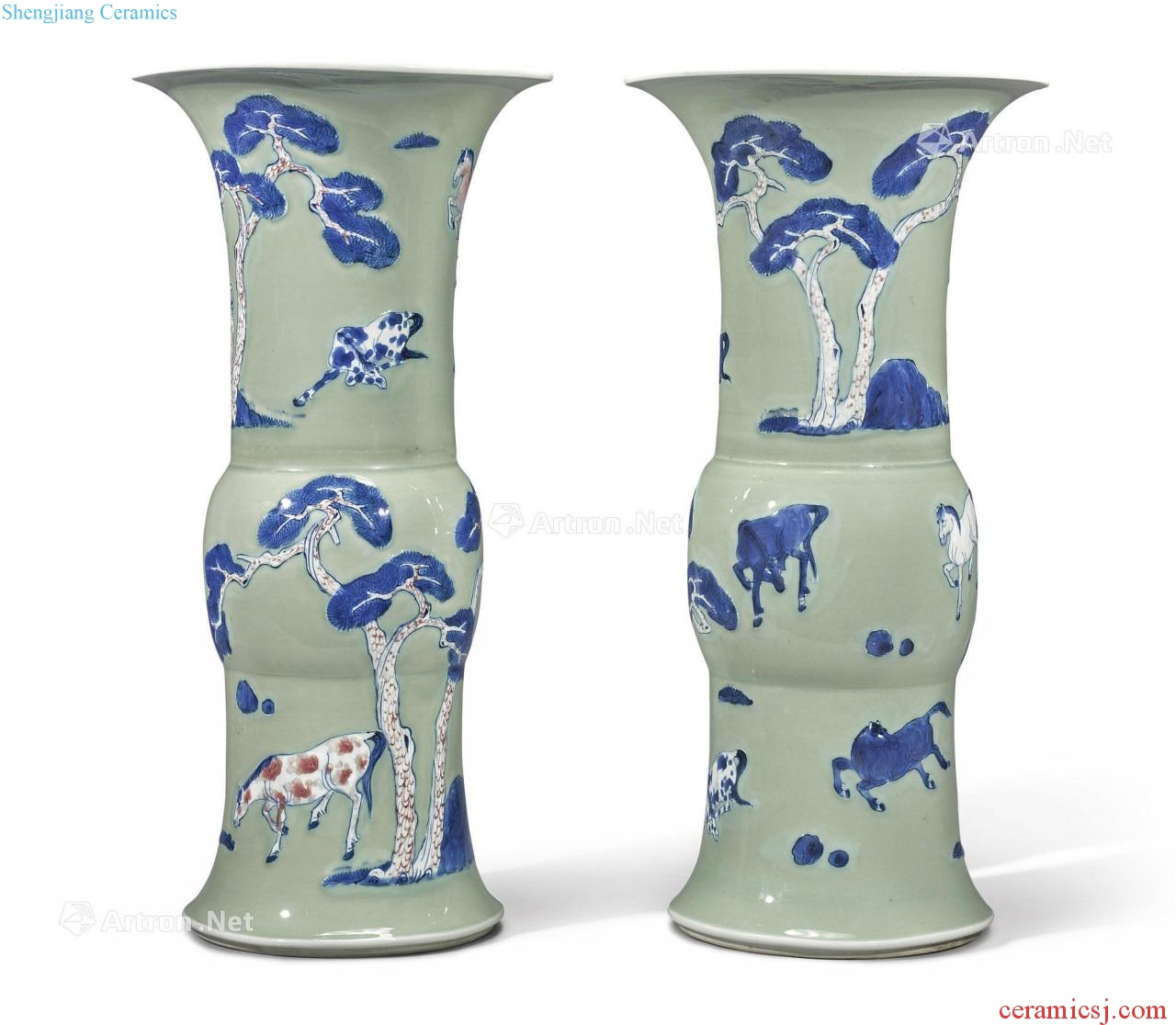 The qing emperor kangxi pea green to blue and white youligong Korean pine mountain jun figure eight flower vase with (a)