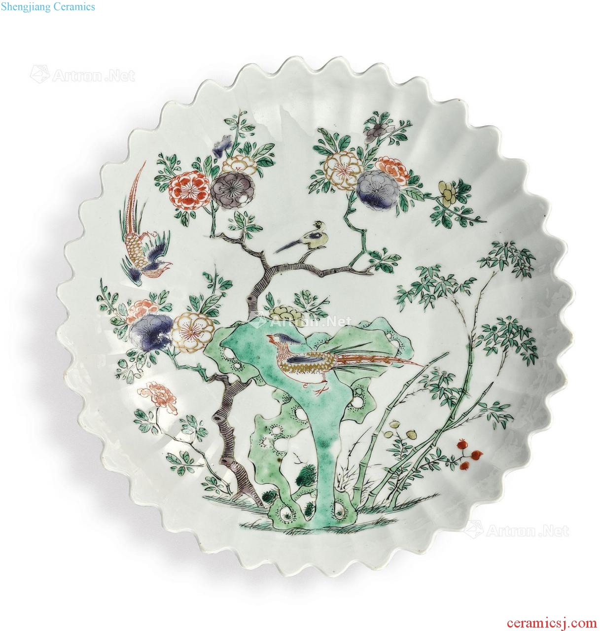 The qing emperor kangxi Colorful marble pheasant chrysanthemum disc plate