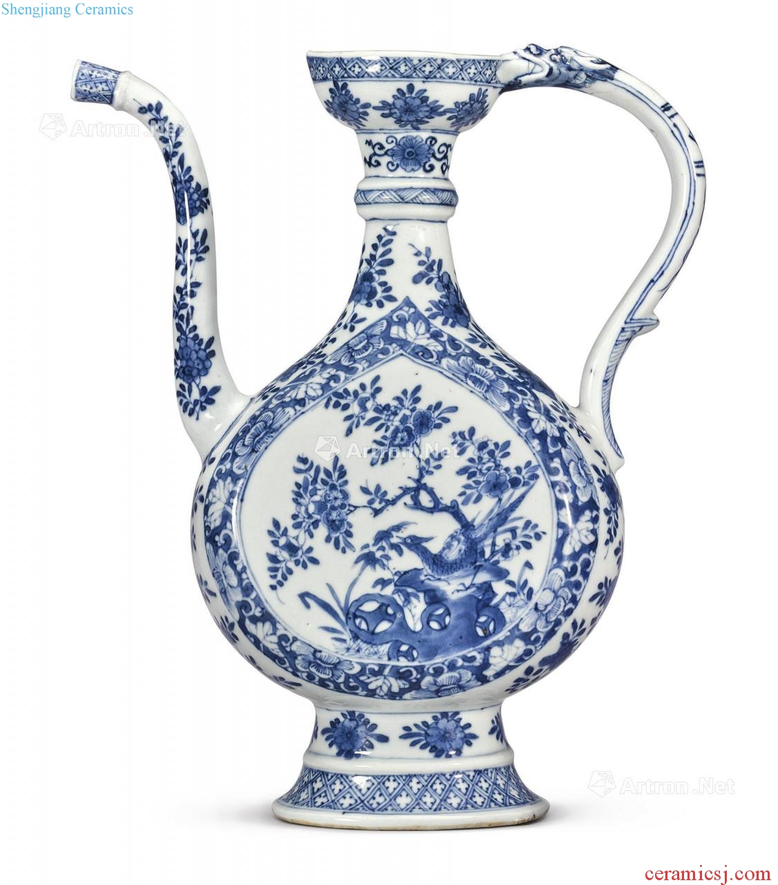The qing emperor kangxi Blue and white medallion marble pheasant ewer