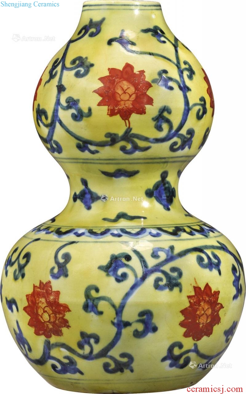 Ming jiajing Yellow to red colors blue and white alum lotus flower grain bottle gourd