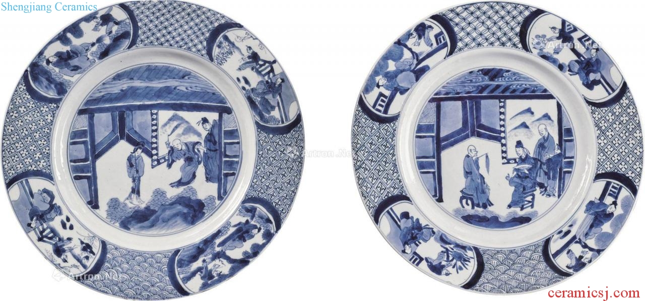 The qing emperor kangxi Blue and white stories of west chamber figure plate (a)