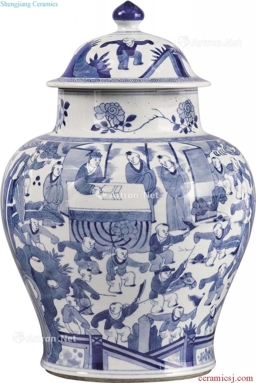 Qing dynasty in the 19th century Blue and white figure jar with cover the ancient philosophers