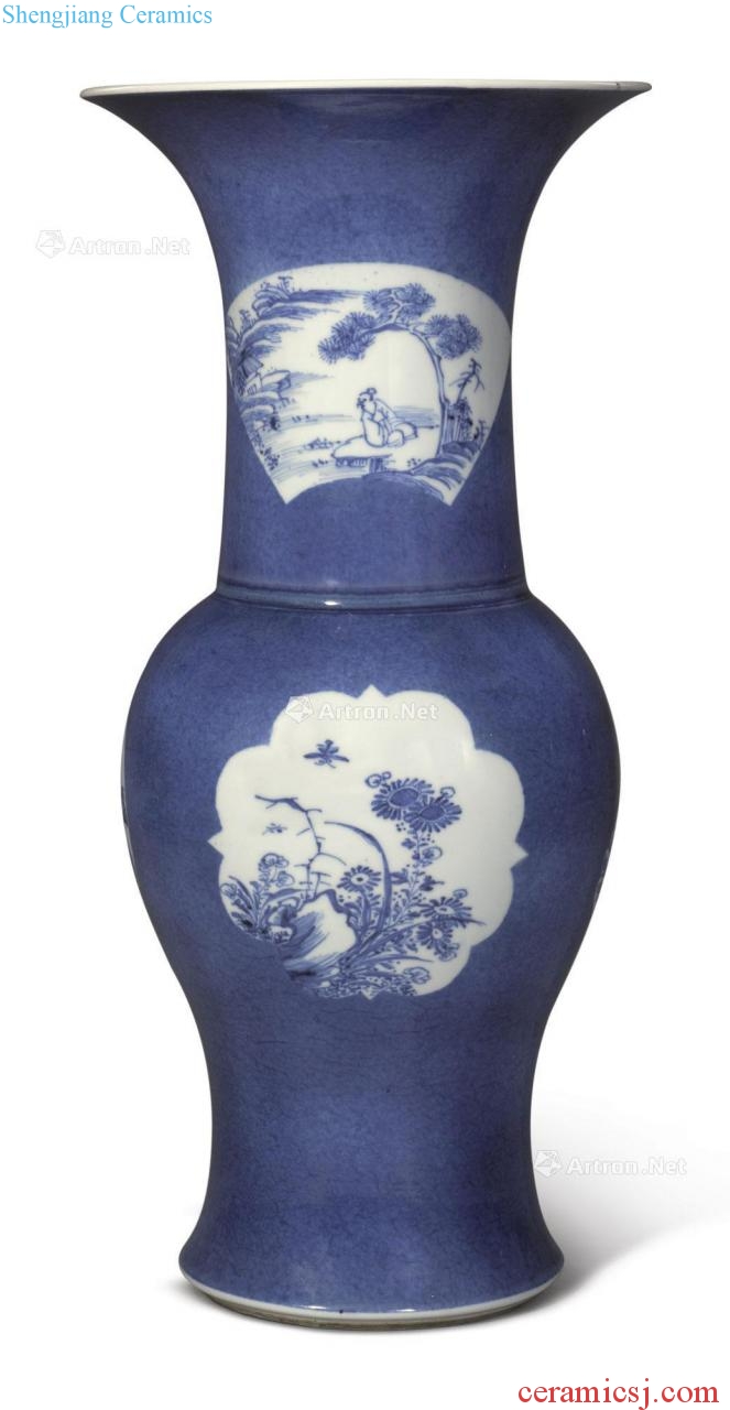 Qing 18/spill blue ground medallion in the 19th century landscape character figure ombre statue of flowers and birds