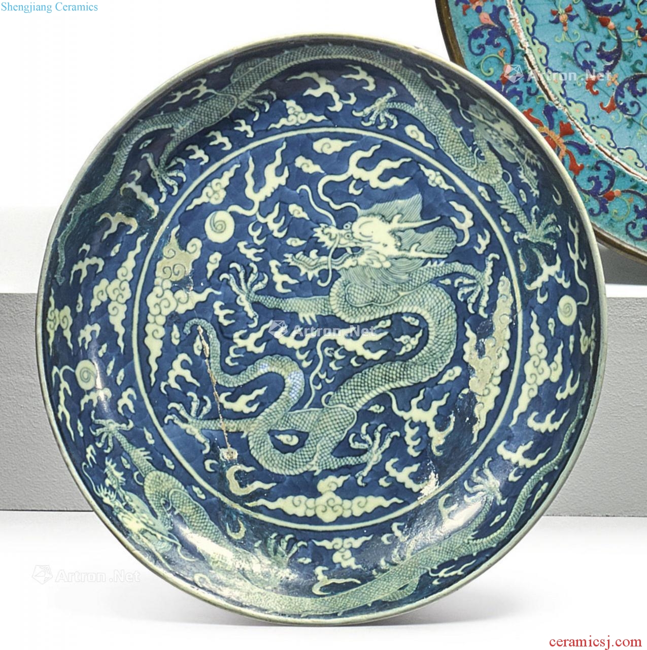 Qing daoguang Blue and white rehmannia cloud dragon pearl tray