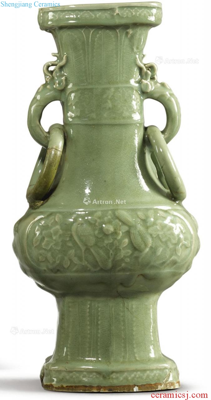 yuan Longquan celadon green glaze medallion figure dragon ear bit ring bottle flowers and birds