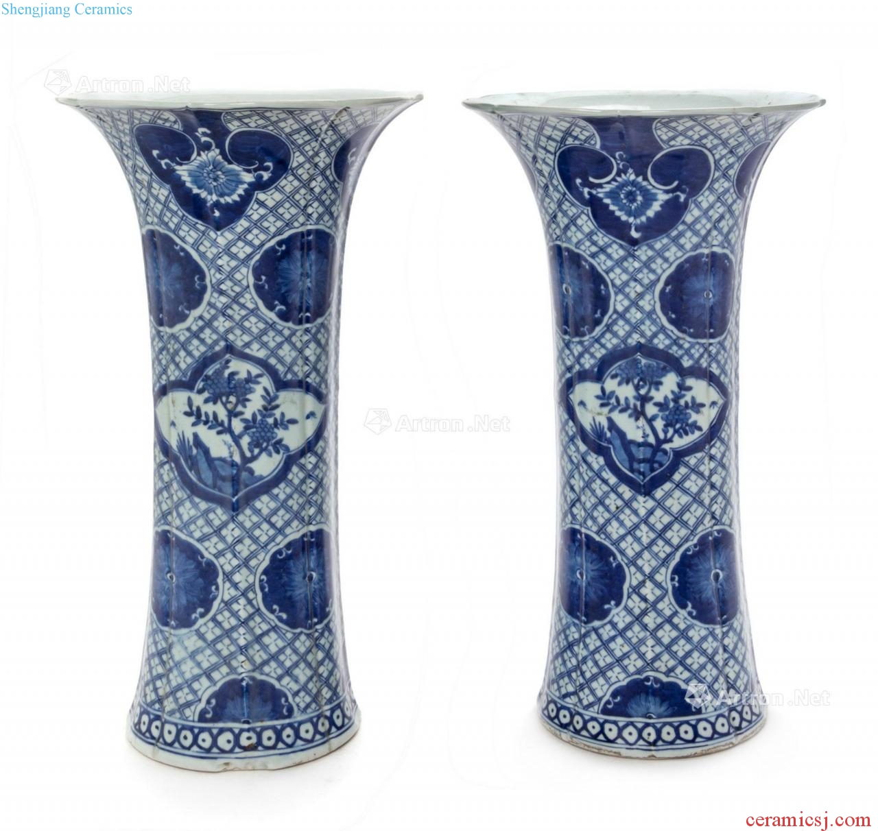 In the 19th century Blue and white brocade wen vase with flowers (a)