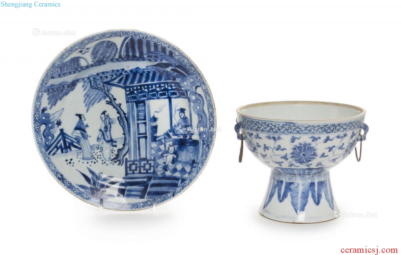 Stories of qing dynasty blue and white figure Blue and white lotus flower in grain ears footed bowl