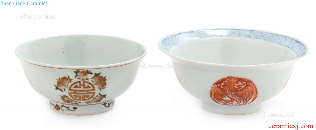 Qing guangxu Pastel nine peach bowl life of words Blue and white alum red grain dishes