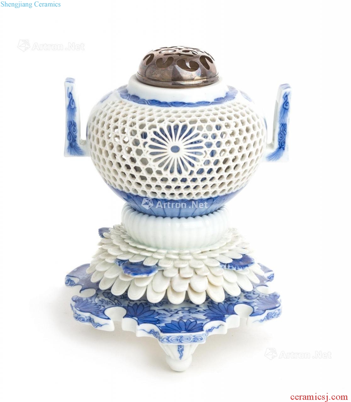 In the 19th century Blue and white engraved look chrysanthemum form censer