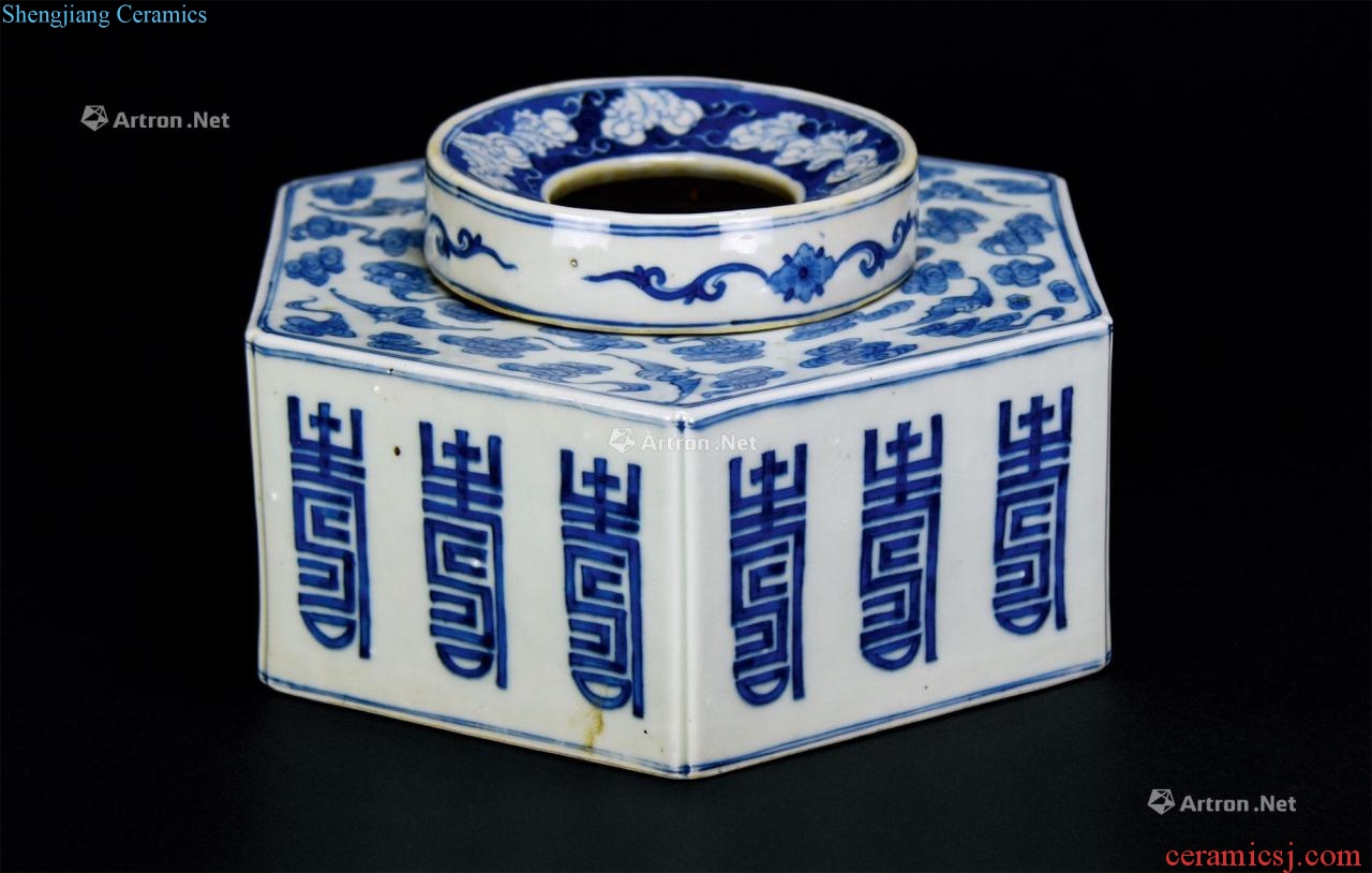 In late qing dynasty blue and white "live" hexagon lukewarm water