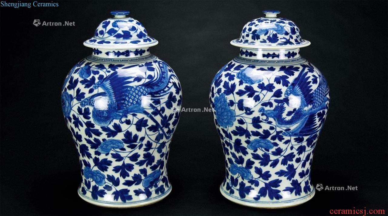 In late qing dynasty blue and white "phoenix negundo general jar with cover and wood (a)