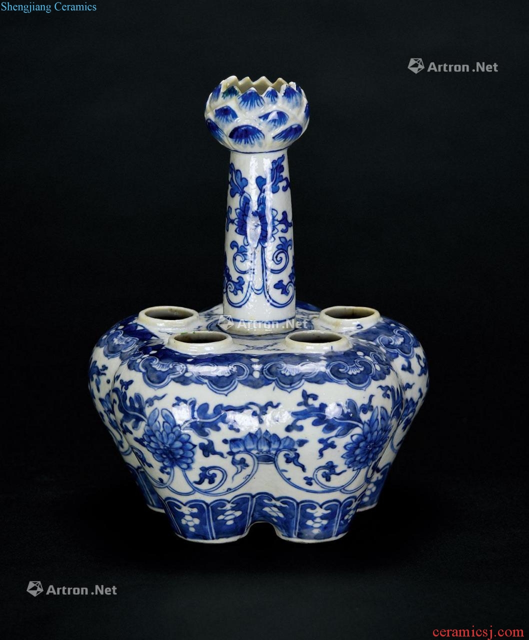 In late qing dynasty blue and white lotus' flowers' five hole mouth bottle