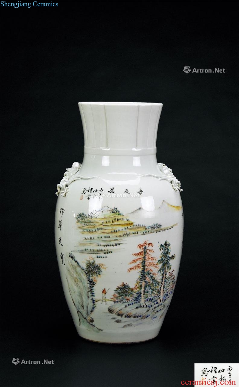 Cheng Yan/light down the color of the republic of China in late qing dynasty landscape painting of flowers and double longnu bottles