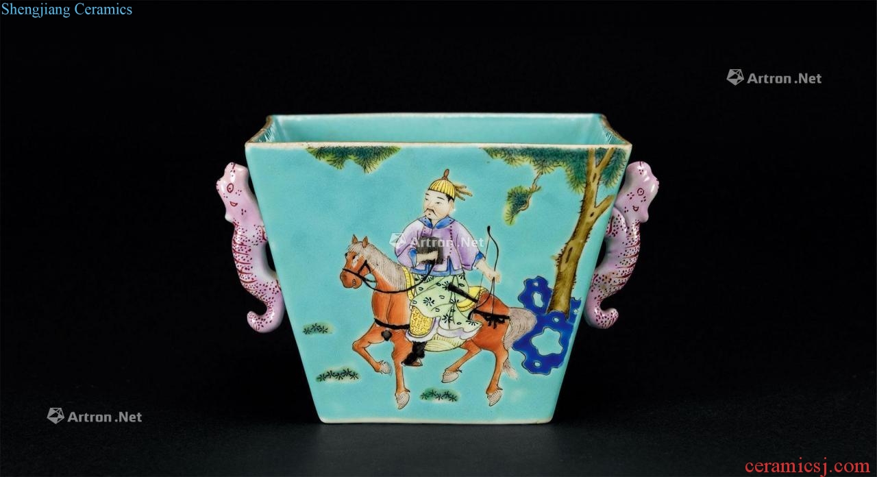 In late qing dynasty green pine pastel flowers square cup