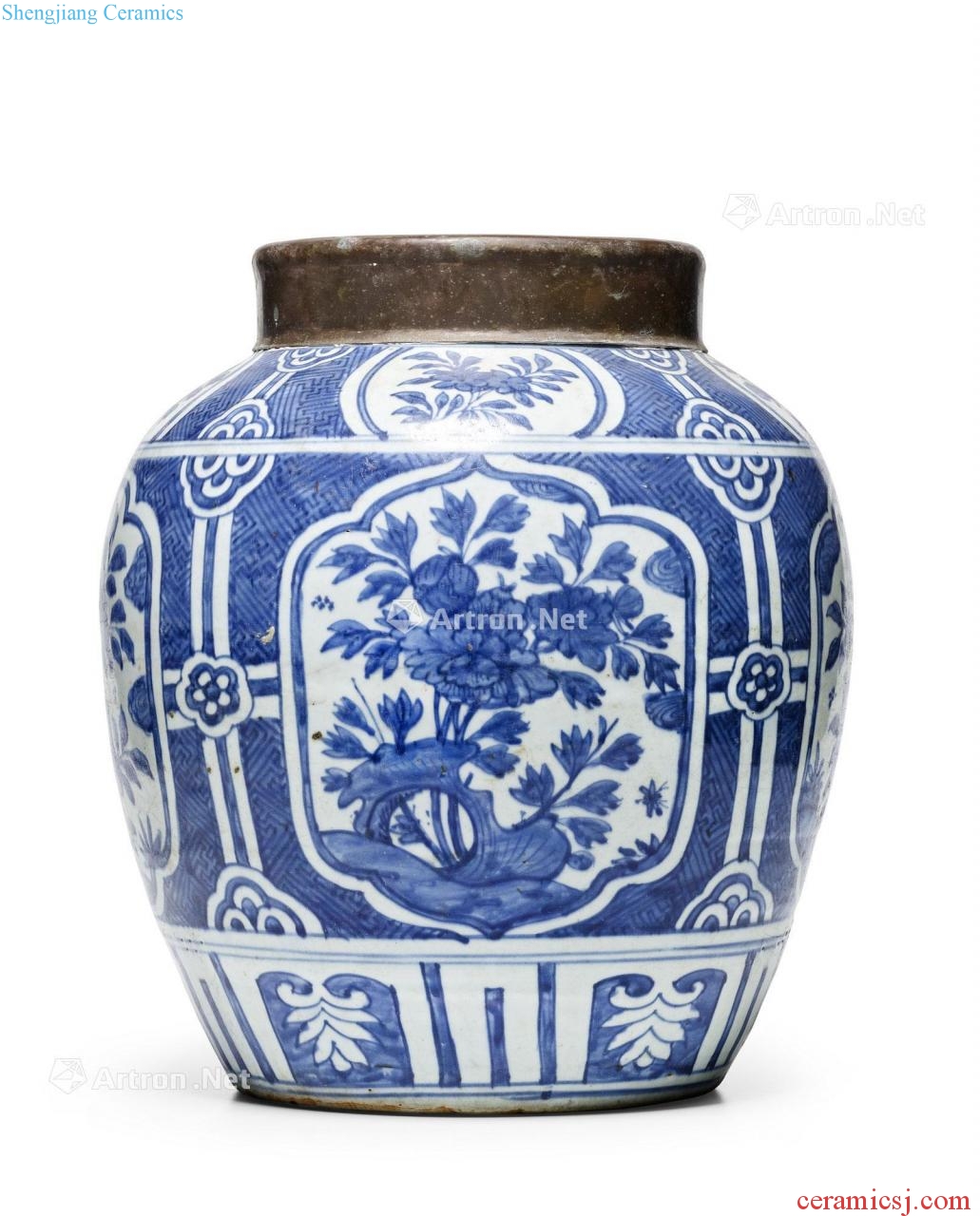 眀 wanli Blue and white medallion narrow-band grain big pot flowers