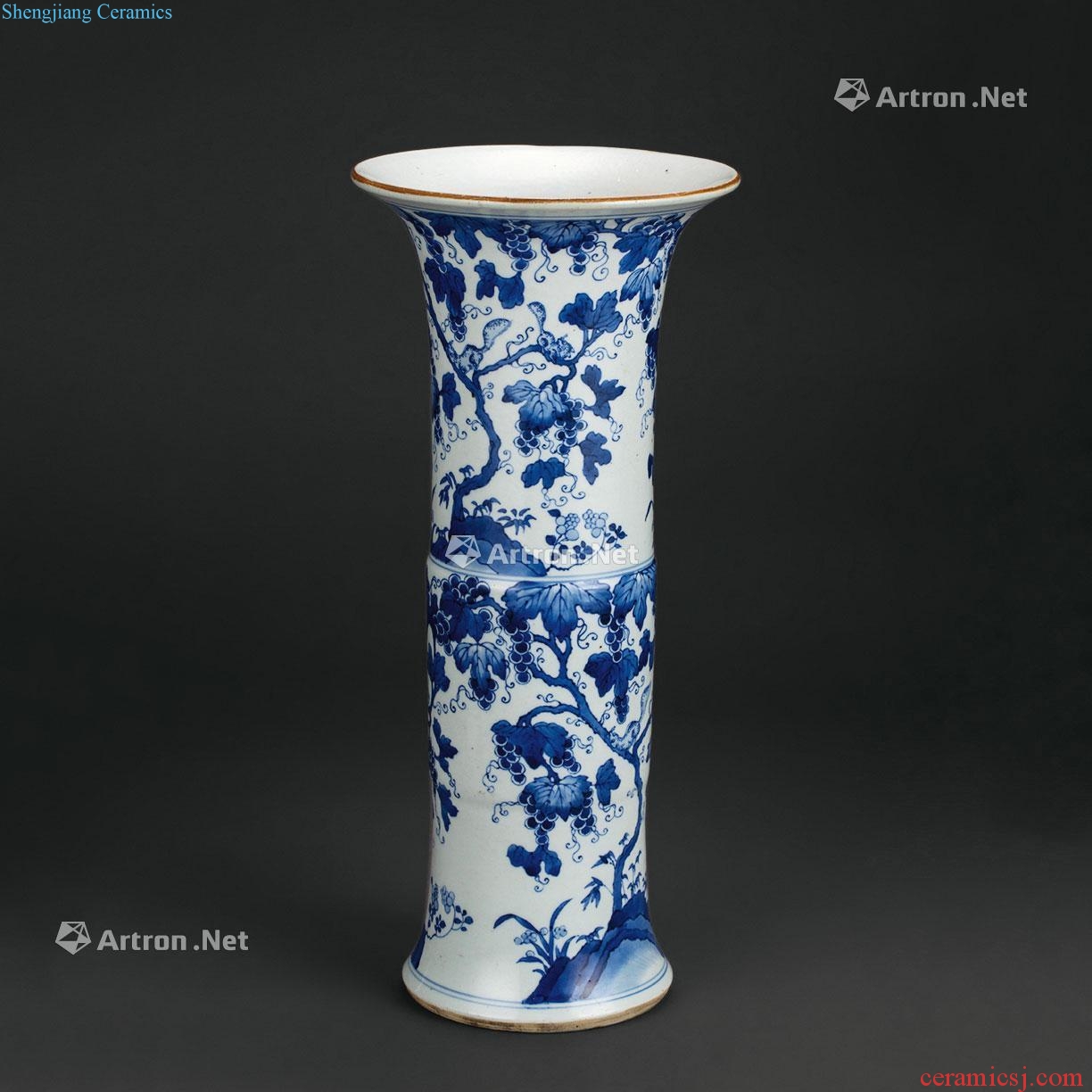 Early the Qing Dynasty A BLUE AND WHITE SQUIRRELS AND GRAPES GU BEAKER VASE