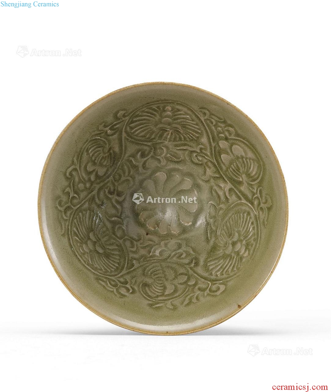 The song dynasty Yao state kiln printing branch chrysanthemum green-splashed bowls