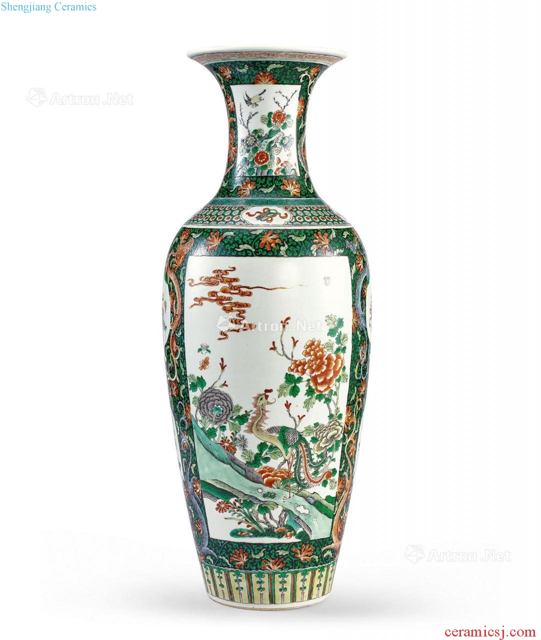 qing Colorful red phoenix in morning sun goddess of mercy bottle