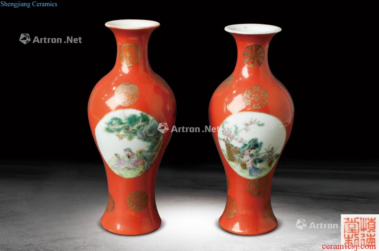 Qing ShenDeTang and alum red paint medallion famille rose character lines bottle (a)